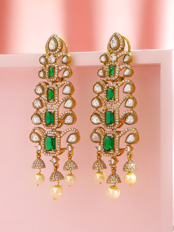 Rubans 22K Gold-Plated Cubic Zirconia Studded Geometric Shaped Drop Earrings
