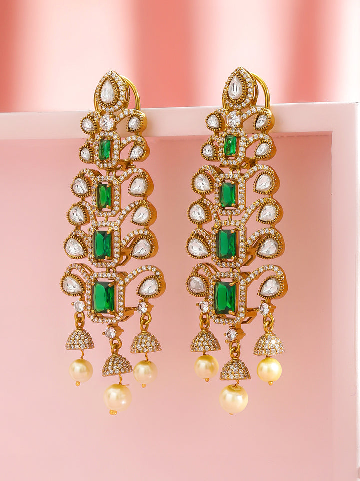 Rubans 22K Gold-Plated Cubic Zirconia Studded Geometric Shaped Drop Earrings
