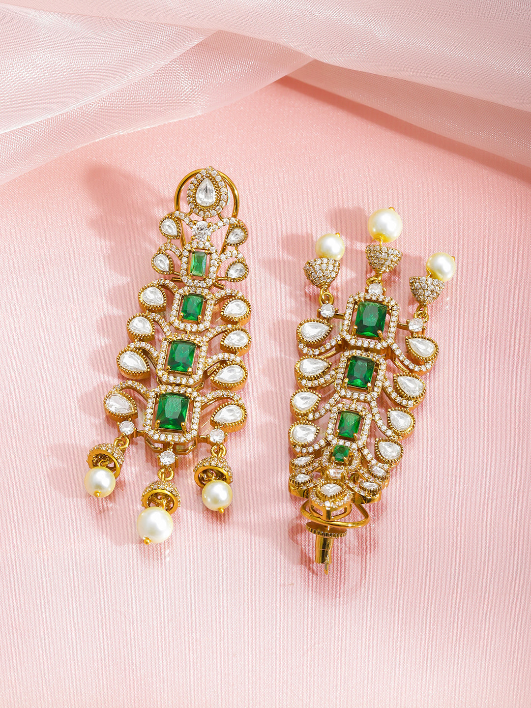 Rubans 22K Gold-Plated Cubic Zirconia Studded Geometric Shaped Drop Earrings