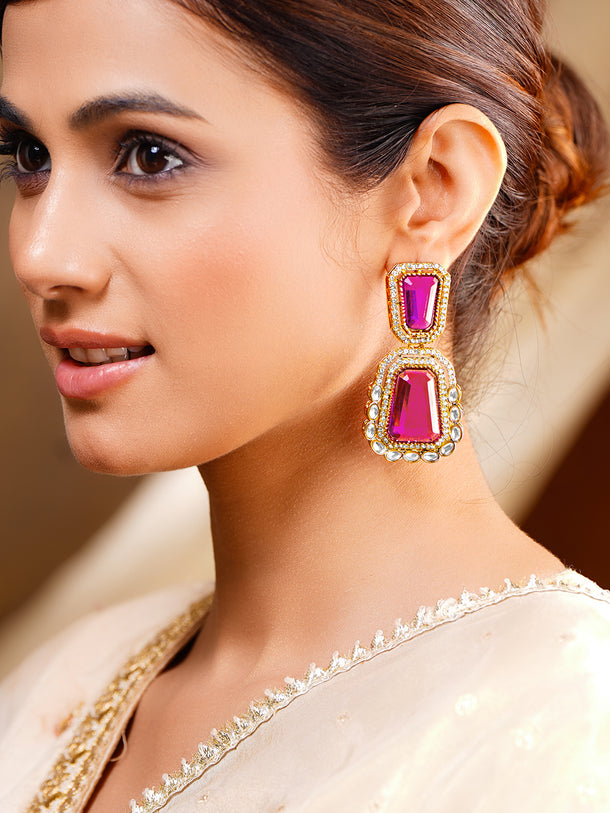 Deep Pink Gemstone Modern Drop Earrings