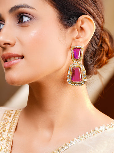 Deep Pink Gemstone Modern Drop Earrings