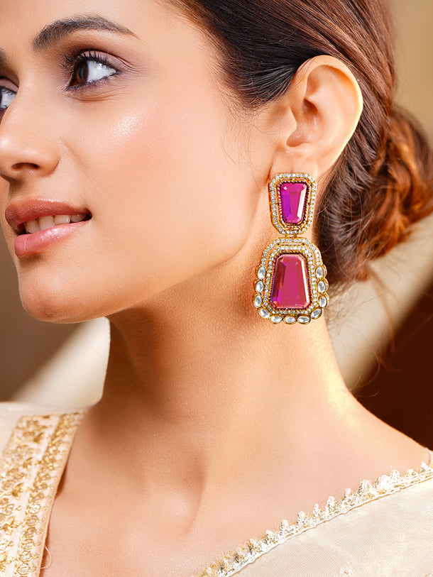 Deep Pink Gemstone Modern Drop Earrings