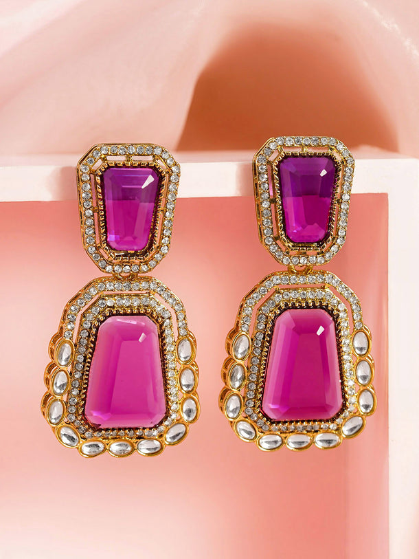 Deep Pink Gemstone Modern Drop Earrings