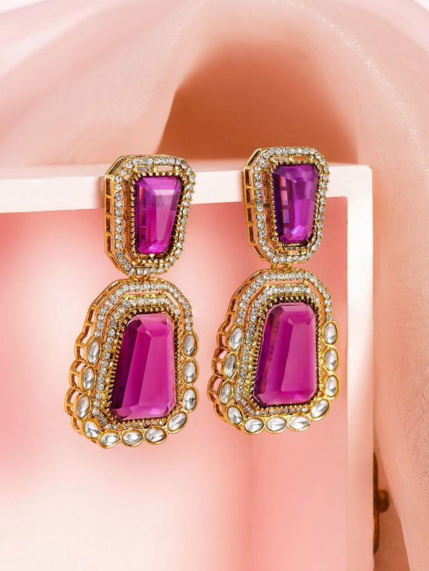 Deep Pink Gemstone Modern Drop Earrings