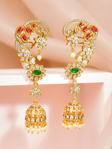 Gold Plated Peacock Motif Kundan Ear Cuff Jhumkas with Ruby & Emerald Accent