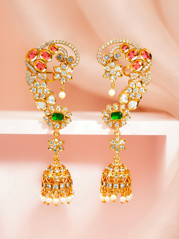 Gold Plated Peacock Motif Kundan Ear Cuff Jhumkas with Ruby & Emerald Accent