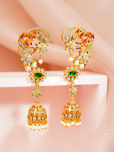 Gold Plated Peacock Motif Kundan Ear Cuff Jhumkas with Ruby & Emerald Accent