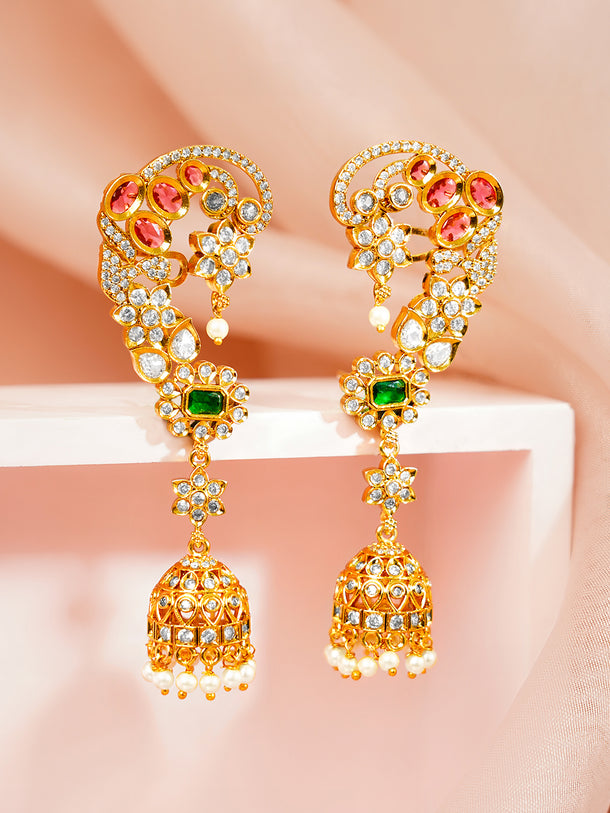 Gold Plated Peacock Motif Kundan Ear Cuff Jhumkas with Ruby & Emerald Accent
