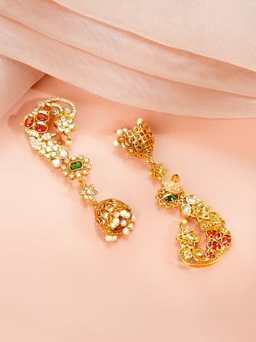 Gold Plated Peacock Motif Kundan Ear Cuff Jhumkas with Ruby & Emerald Accent