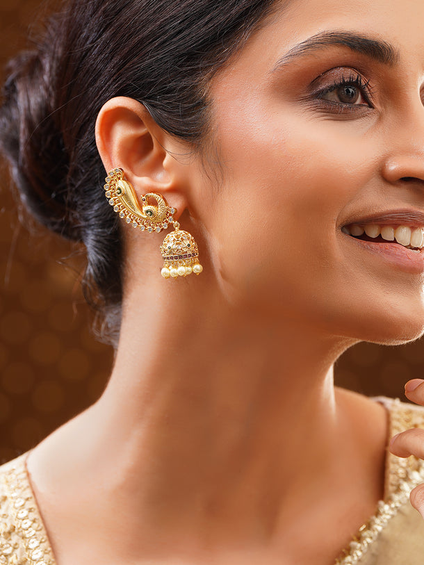 Gold Plated American Diamond Zirconia Peacock Motif Pearl Drop Ear Cuff jhumkas