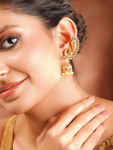 Gold Plated American Diamond Zirconia Peacock Motif Pearl Drop Ear Cuff jhumkas