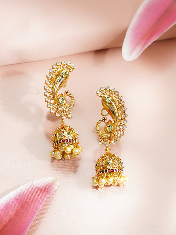 Gold Plated American Diamond Zirconia Peacock Motif Pearl Drop Ear Cuff jhumkas