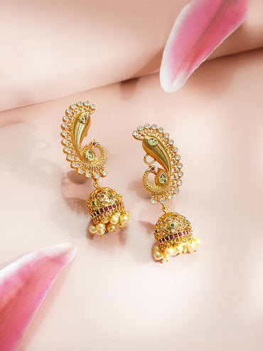 Gold Plated American Diamond Zirconia Peacock Motif Pearl Drop Ear Cuff jhumkas