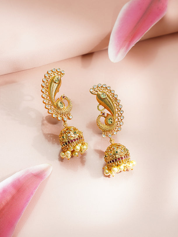 Gold Plated American Diamond Zirconia Peacock Motif Pearl Drop Ear Cuff jhumkas