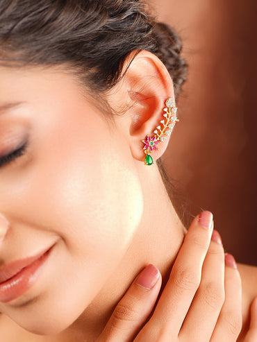 Gold Plated Floral American Diamond Zirconia Multicolor Ear Cuffs