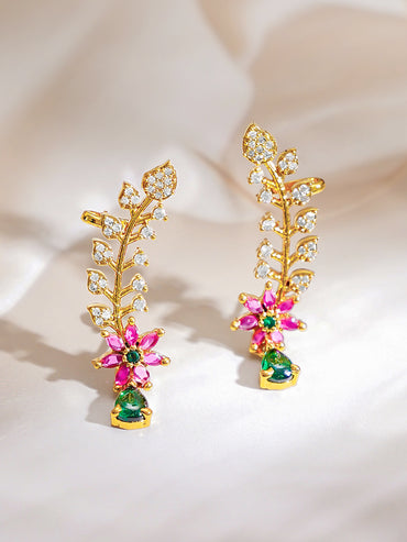 Gold Plated Floral American Diamond Zirconia Multicolor Ear Cuffs
