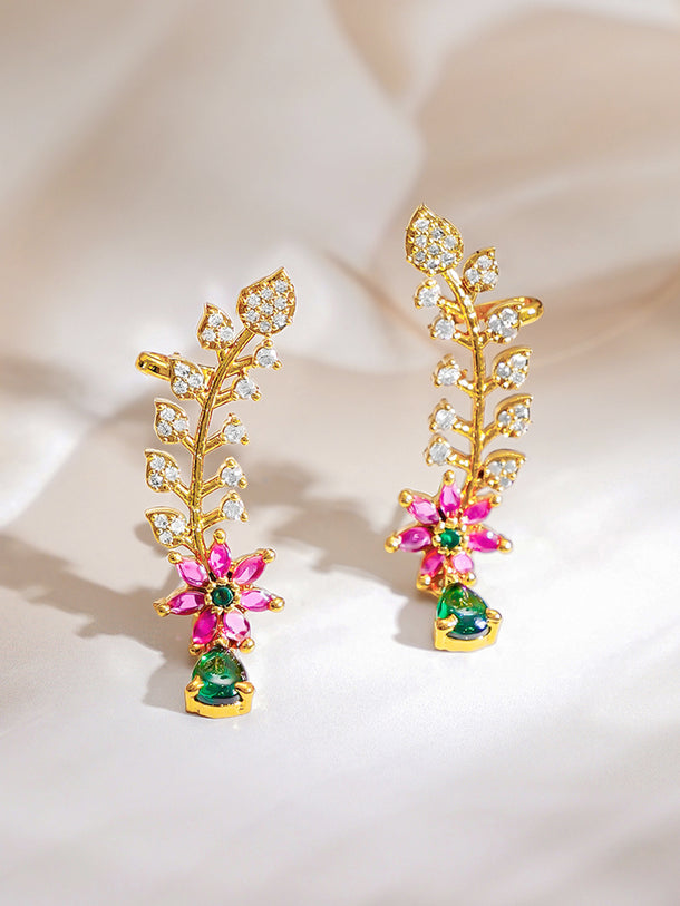 Gold Plated Floral American Diamond Zirconia Multicolor Ear Cuffs