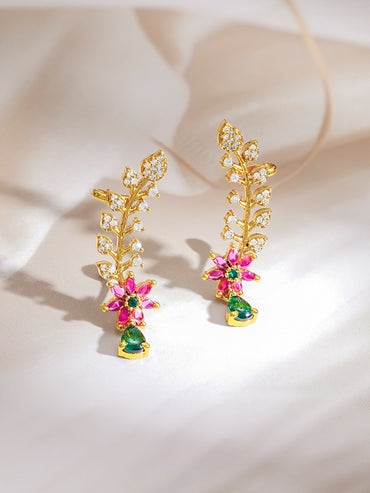 Gold Plated Floral American Diamond Zirconia Multicolor Ear Cuffs