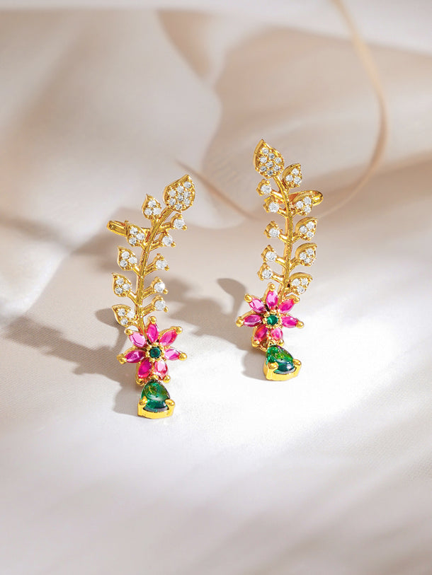 Gold Plated Floral American Diamond Zirconia Multicolor Ear Cuffs