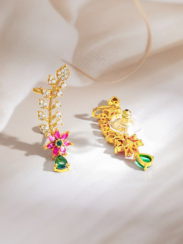 Gold Plated Floral American Diamond Zirconia Multicolor Ear Cuffs