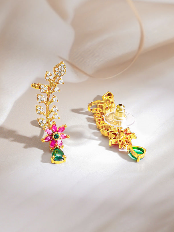 Gold Plated Floral American Diamond Zirconia Multicolor Ear Cuffs