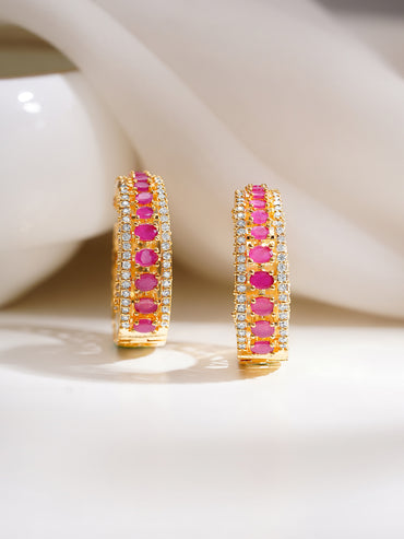 Gold Plated American Diamond Zirconia Pink Hoop Eaaings