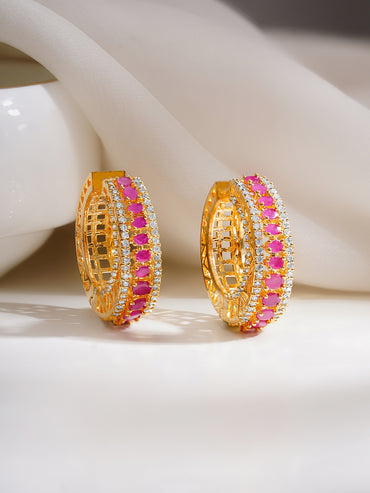 Gold Plated American Diamond Zirconia Pink Hoop Eaaings
