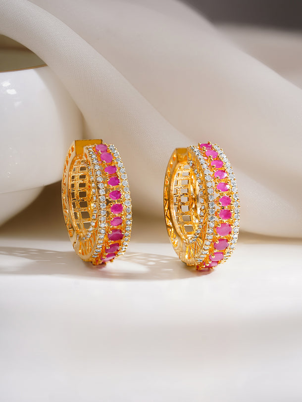 Gold Plated American Diamond Zirconia Pink Hoop Eaaings