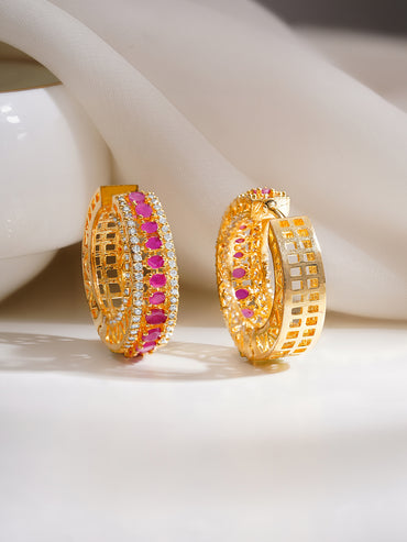 Gold Plated American Diamond Zirconia Pink Hoop Eaaings