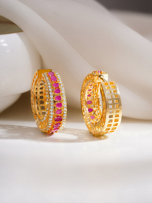 Gold Plated American Diamond Zirconia Pink Hoop Eaaings