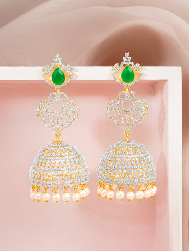 Gold-Plated Cubic Zirconia Emerald Green Jhumka Earrings