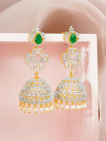 Gold-Plated Cubic Zirconia Emerald Green Jhumka Earrings
