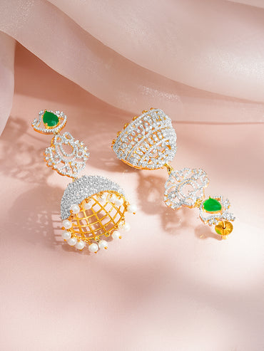 Gold-Plated Cubic Zirconia Emerald Green Jhumka Earrings