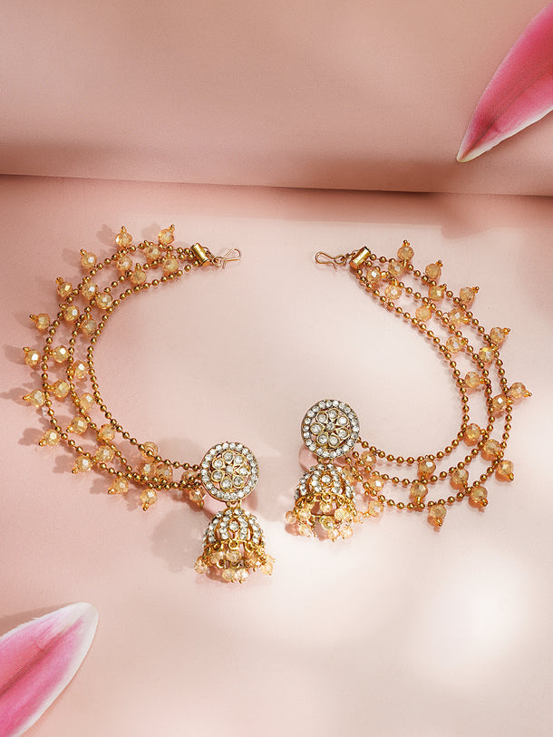 Gold Plated Kundan Beaded Kaan Chain Jhumkaas