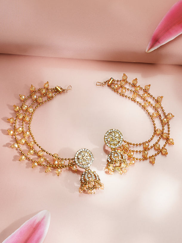 Gold Plated Kundan Beaded Kaan Chain Jhumkaas