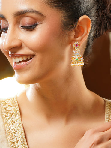 Gold Plated Ruby Emerald Pearl Drop Jhumka Earrings
