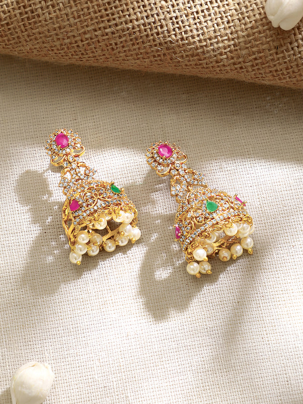 Gold Plated Ruby Emerald Pearl Drop Jhumka Earrings