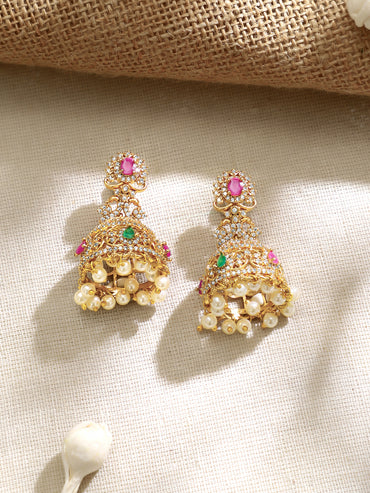 Gold Plated Ruby Emerald Pearl Drop Jhumka Earrings