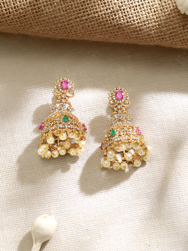 Gold Plated Ruby Emerald Pearl Drop Jhumka Earrings