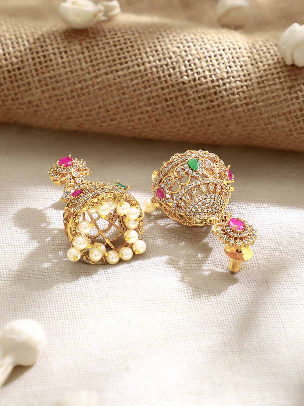 Gold Plated Ruby Emerald Pearl Drop Jhumka Earrings