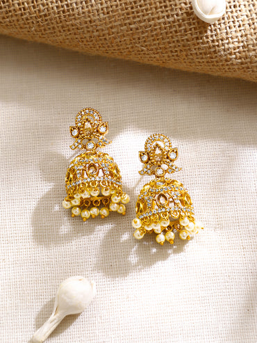 Gold Plated Kundan Pearl Jhumka Earrings
