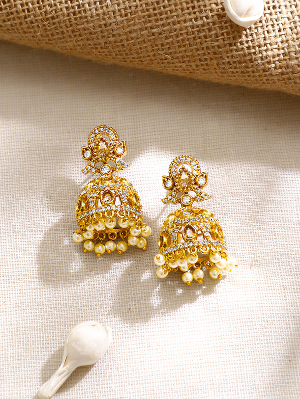Gold Plated Kundan Pearl Jhumka Earrings