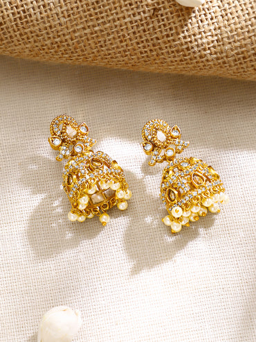 Gold Plated Kundan Pearl Jhumka Earrings
