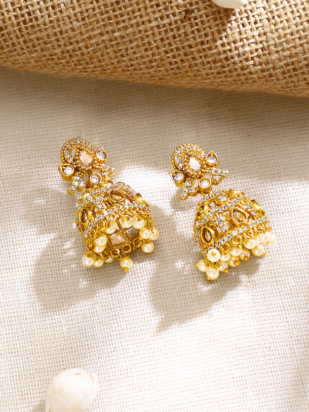 Gold Plated Kundan Pearl Jhumka Earrings