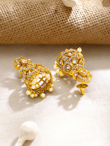 Gold Plated Kundan Pearl Jhumka Earrings