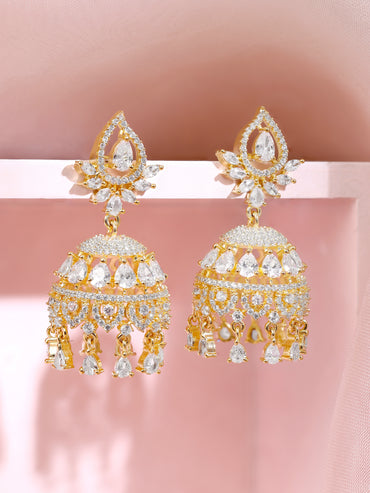 Gold Plated Bridal Radiance Cubic Zirconia Dome Jhumka Earrings