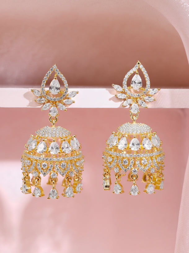 Gold Plated Bridal Radiance Cubic Zirconia Dome Jhumka Earrings