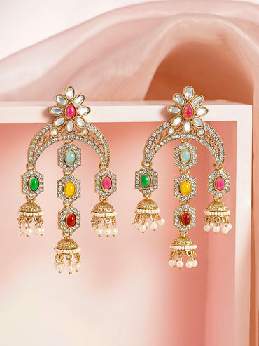 Multicolor Kundan Zirconia Chandelier Earrings