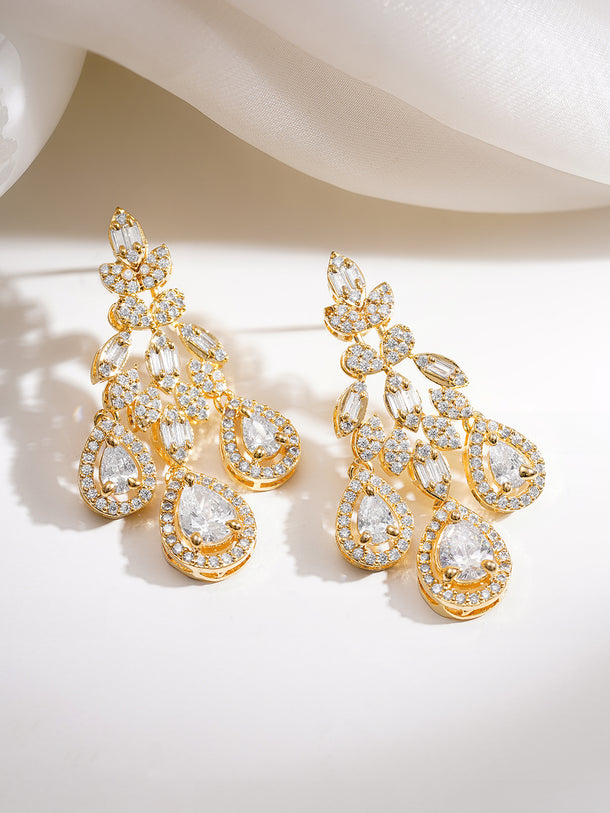 Gold Plated Teardrop American Diamond Zirconia Dangler Earrings