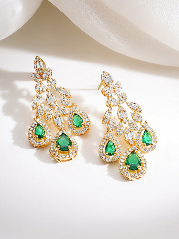 Gold Plated American Diamond Zirconia Emerald Dangler Earrings